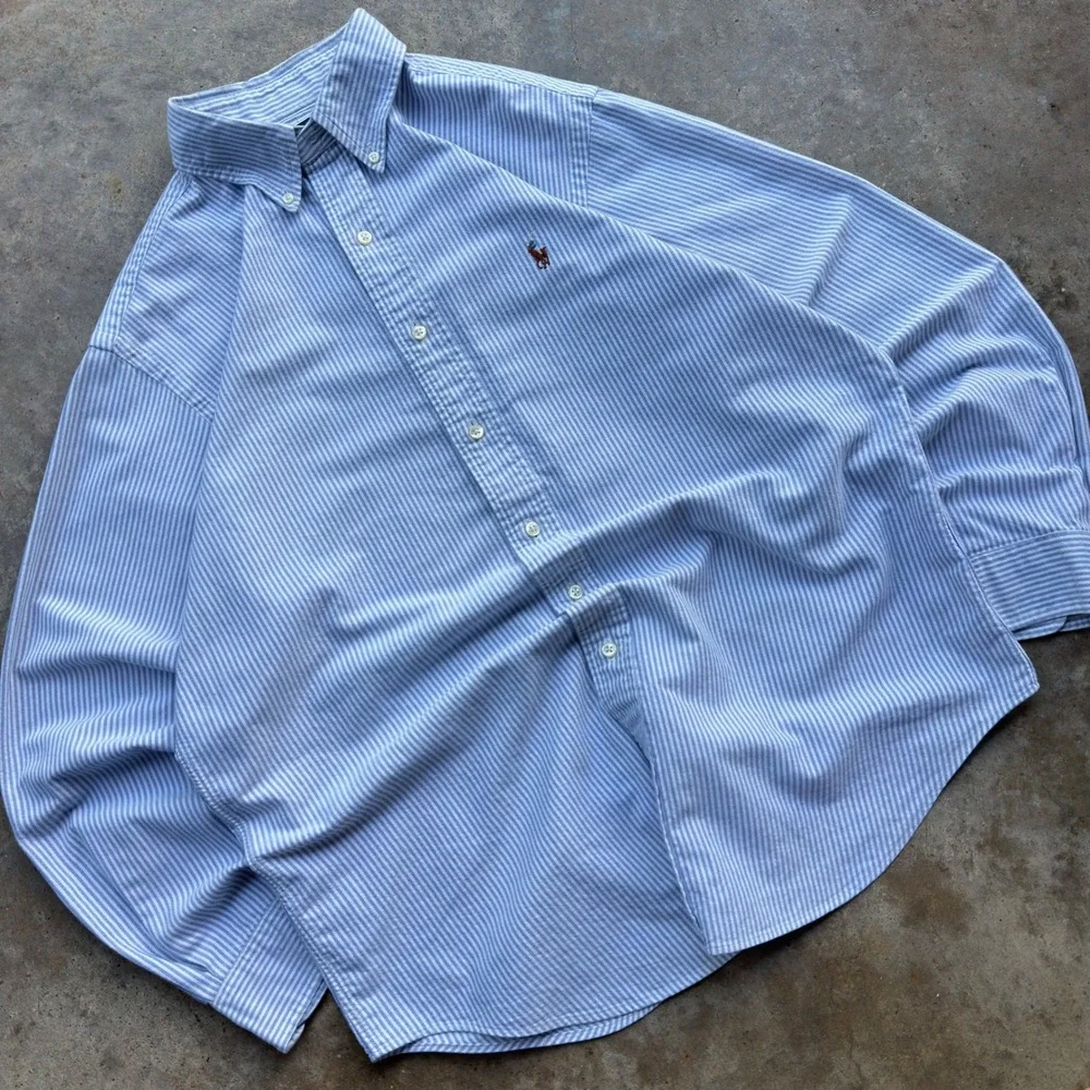 Vintage 90s Polo Ralph Lauren Striped Flesh Pony Button Shirt Blue White XL (k1)